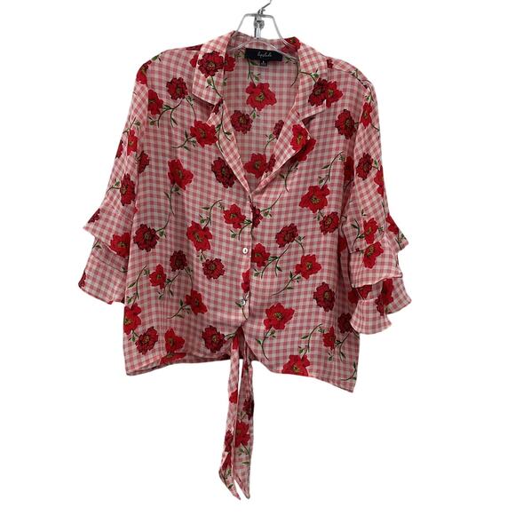 Lipslide Tops - COPY - Lipslide Women's Ruffle Sleeve Tie Front Gingham Floral Top Womens Sz L …